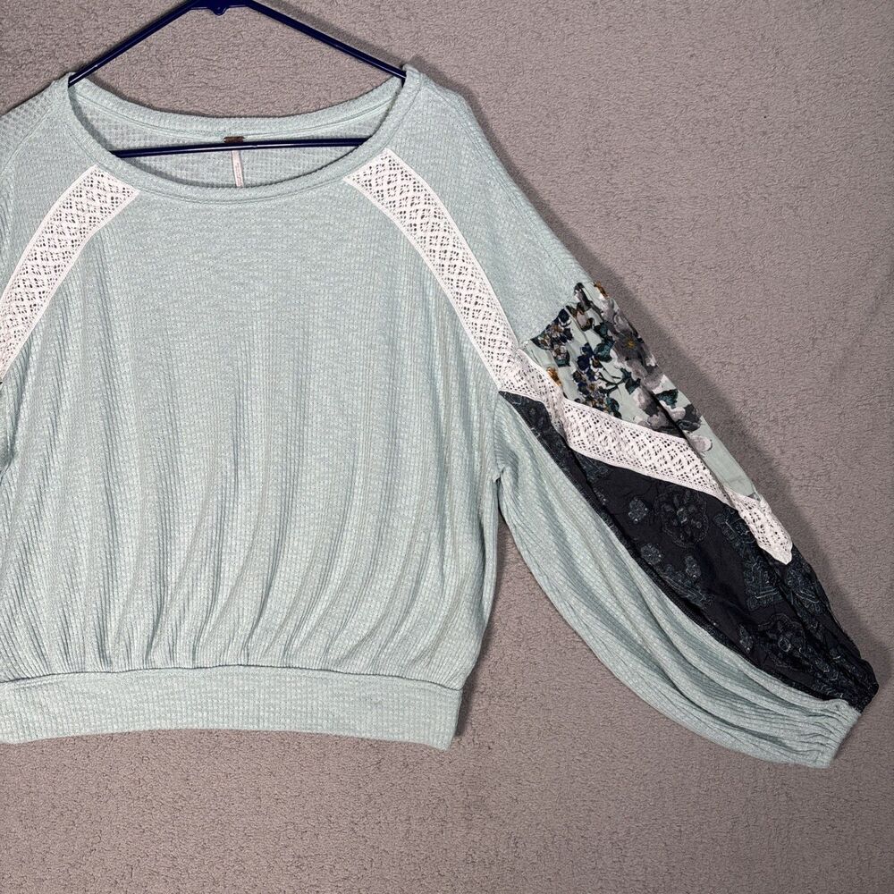 Free People Size M Casual Clash Top Thermal Knit Mutli Media Lace Seafoam Mint - Picture 3 of 13